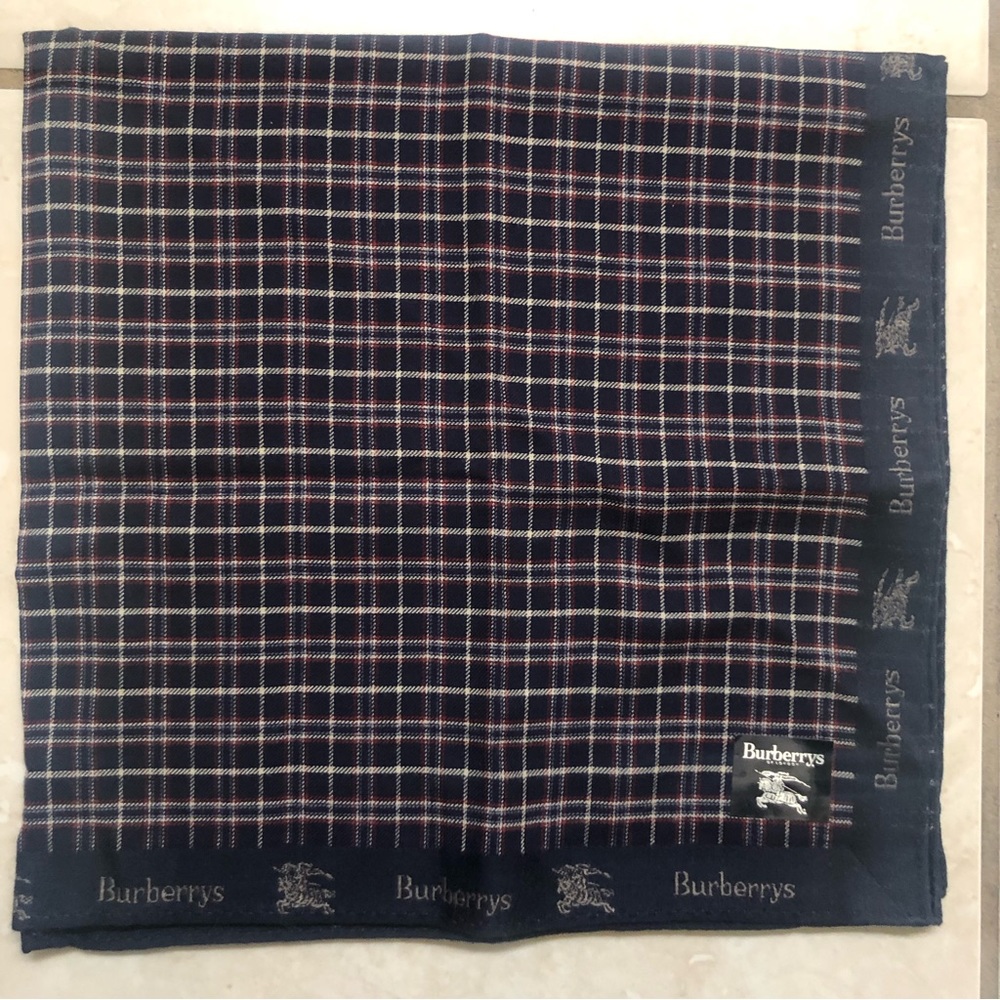 New Burberry Vintage Pocket Square Handkerchief Plaid Horses Logo All Over Navy